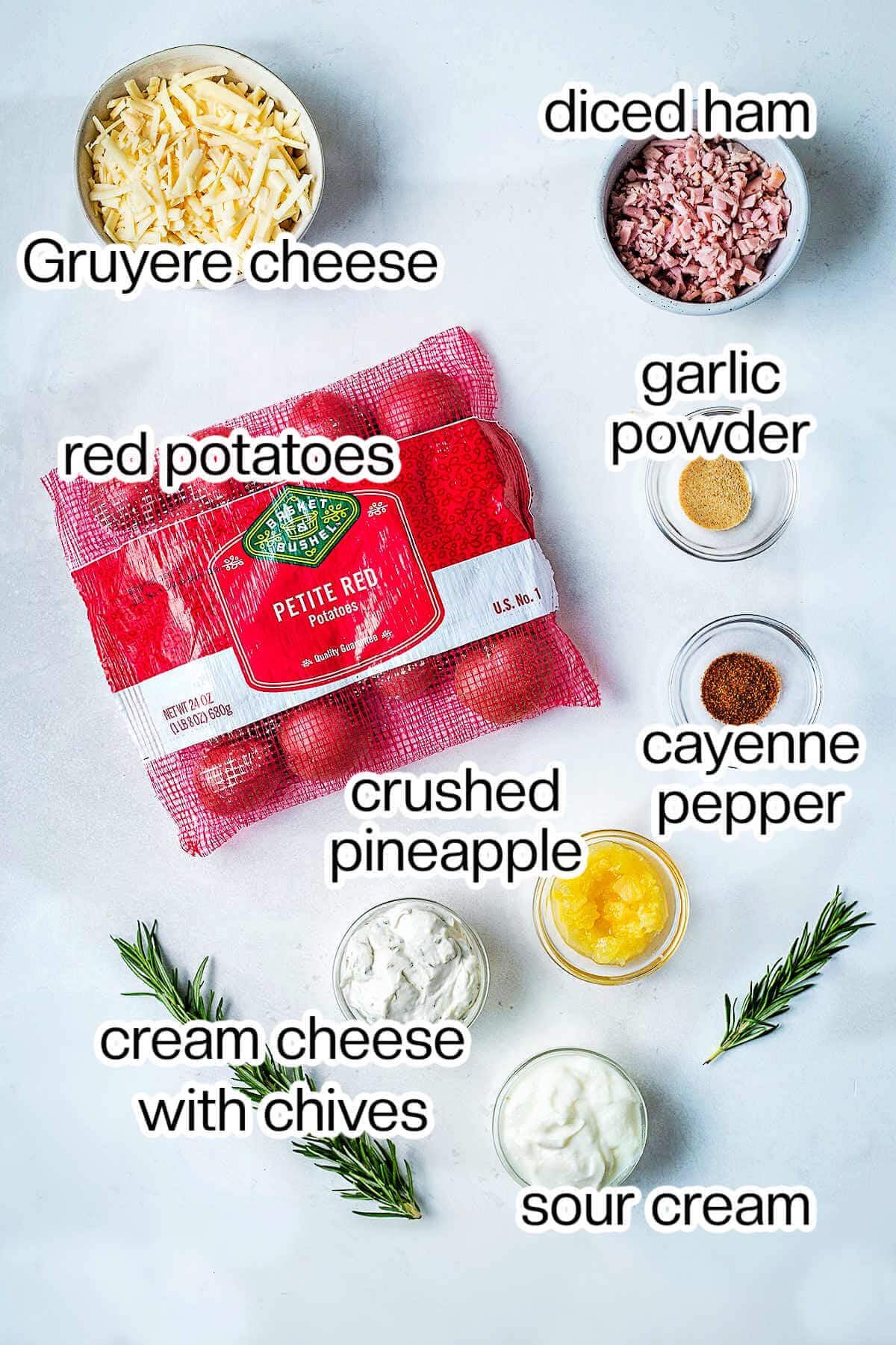 Ingredients for cheesy loaded potato bites on a table.