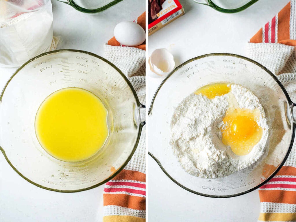 Melted butter in a glass mixing bowl; cake mix, egg and melted butter ready to be mixed in a glass bowl on a table.