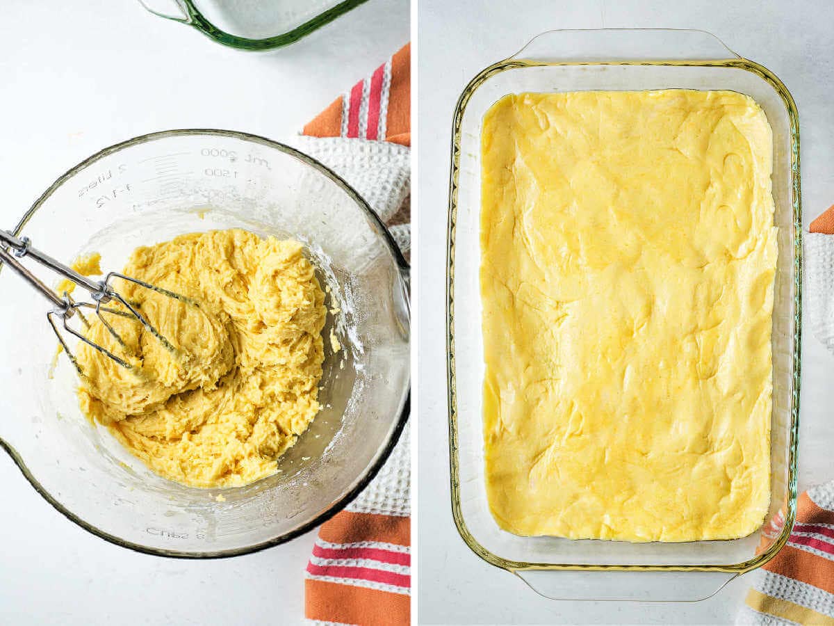 The dough for the bottom crust for pumpkin dessert bars in a glass bowl; dough pressed into the bottom of a glass baking dish.