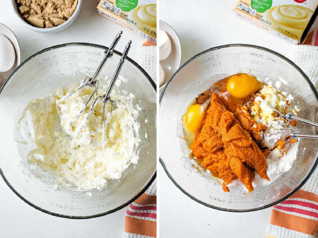 Cream cheese whipped in a glass bowl with beaters laying to the side; remaining ingredients added to the bowl for the pumpkin dessert bars filling.