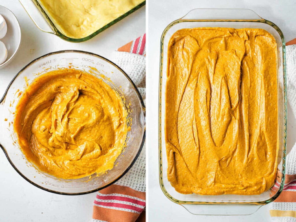 Pumpkin dessert bars in a glass baking dish ready for the oven.