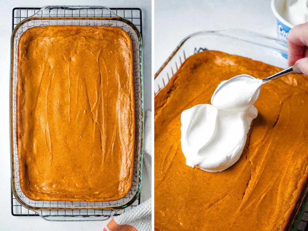 A baked pumpkin dessert on a wire cooling rack; spreading Cool Whip on top of cooled pumpkin dessert bars.