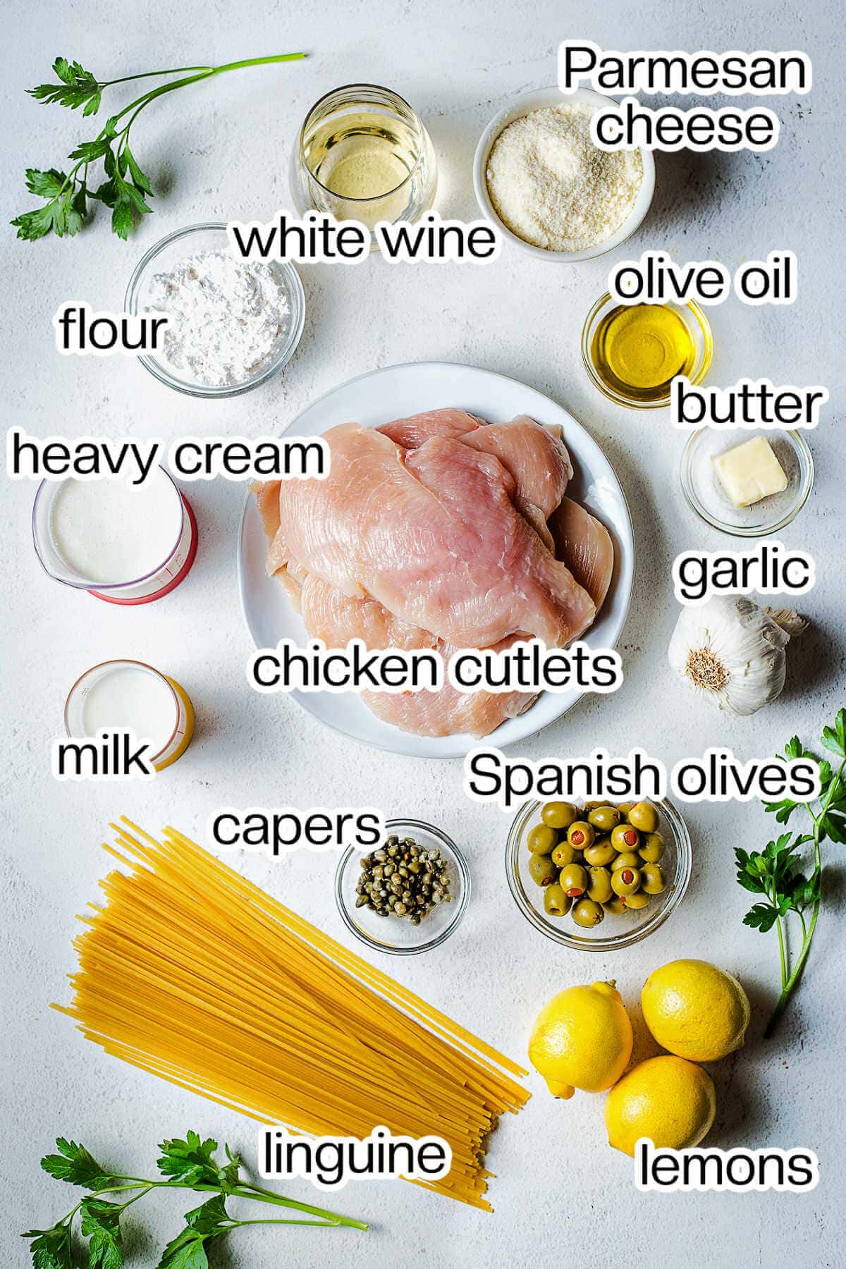 Ingredients for scaloppine al limone on a table.