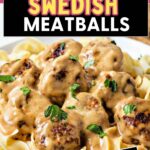 Swedish Meatballs and Gravy on a bed of egg noodles on a olate.