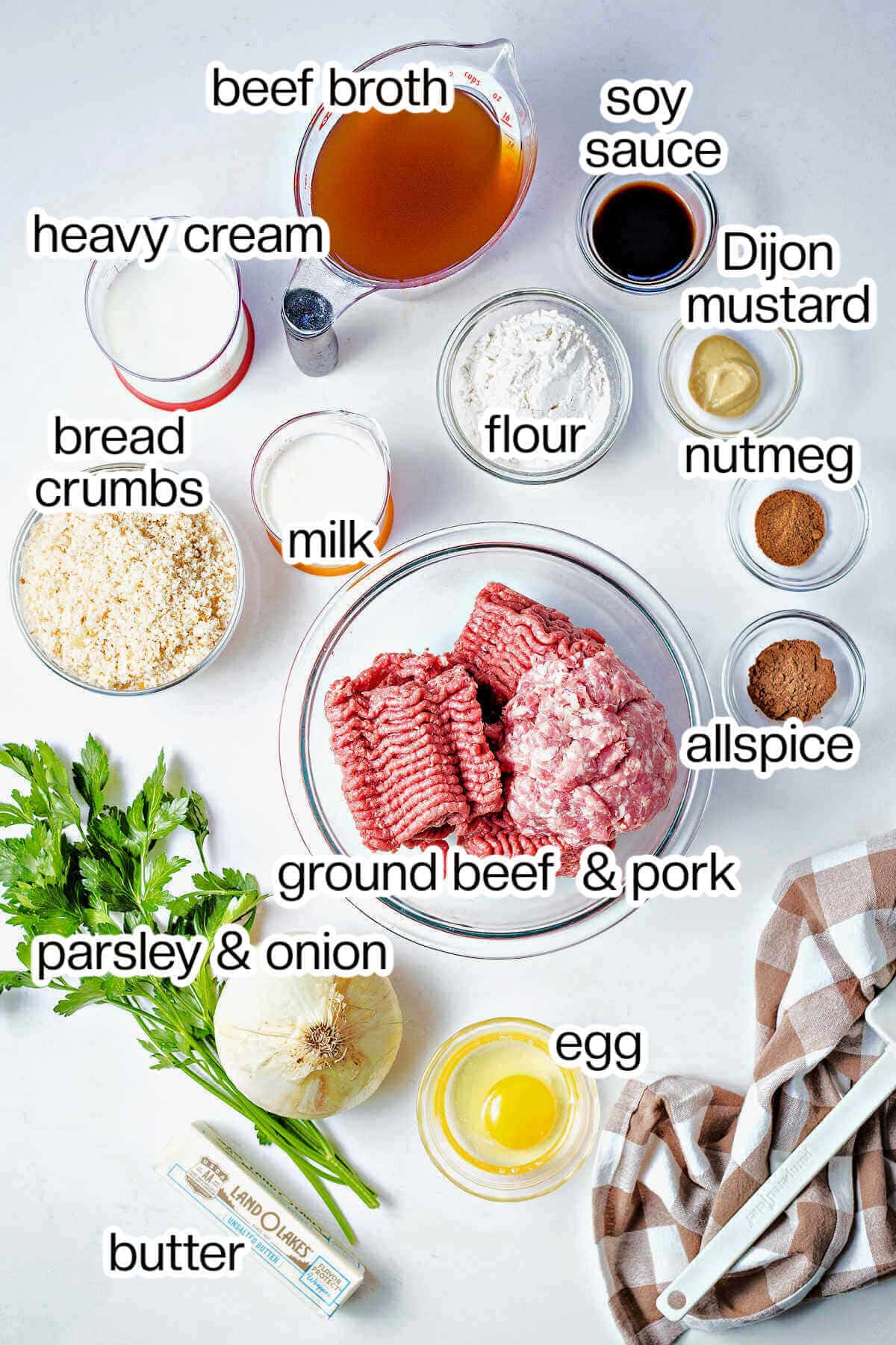 ingredients for Swedish meatballs on a table.