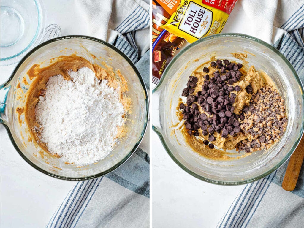 Adding flour to batter in a glass bowl along with toffee bits and chocolate chips for turtle cookie dough.