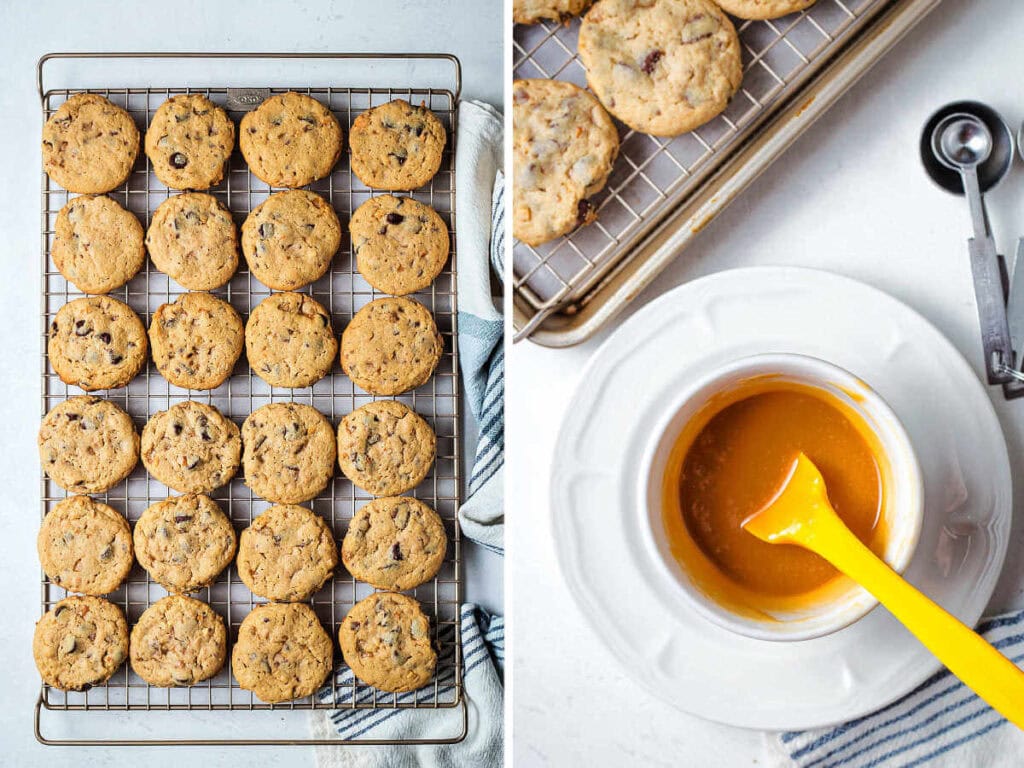 Baked cookies on a wire rack; melted caramels in a bowl with a silicone spatula.