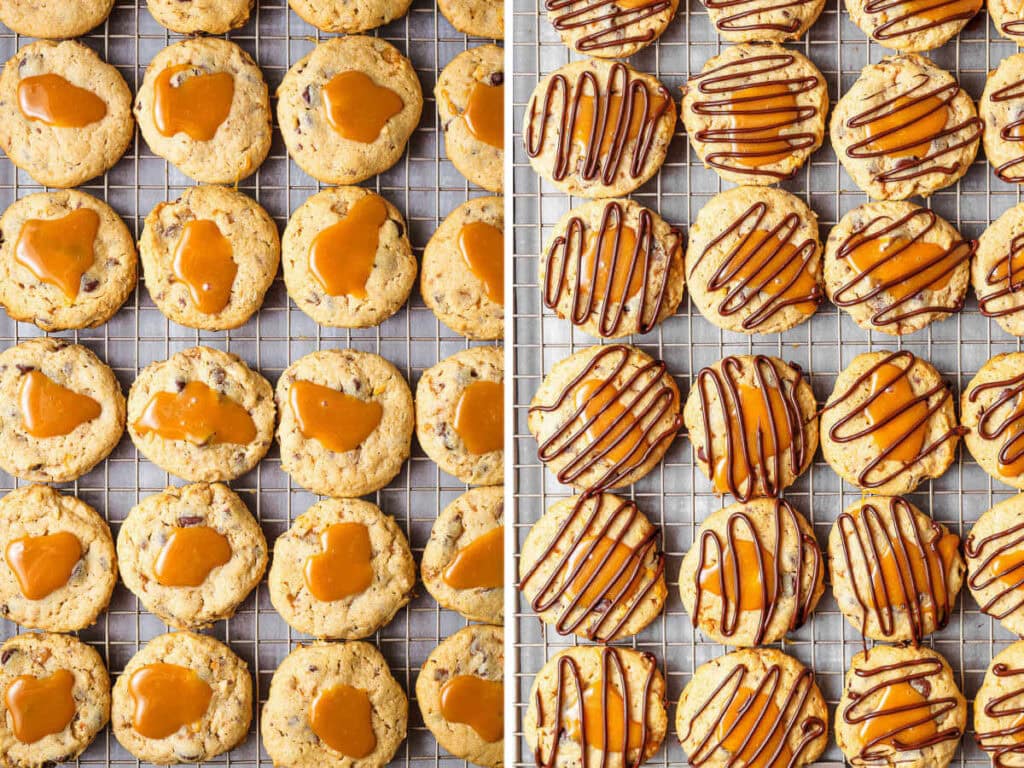 Turtle cookies on a cooling rack topped with caramel and a chocolate drizzle.