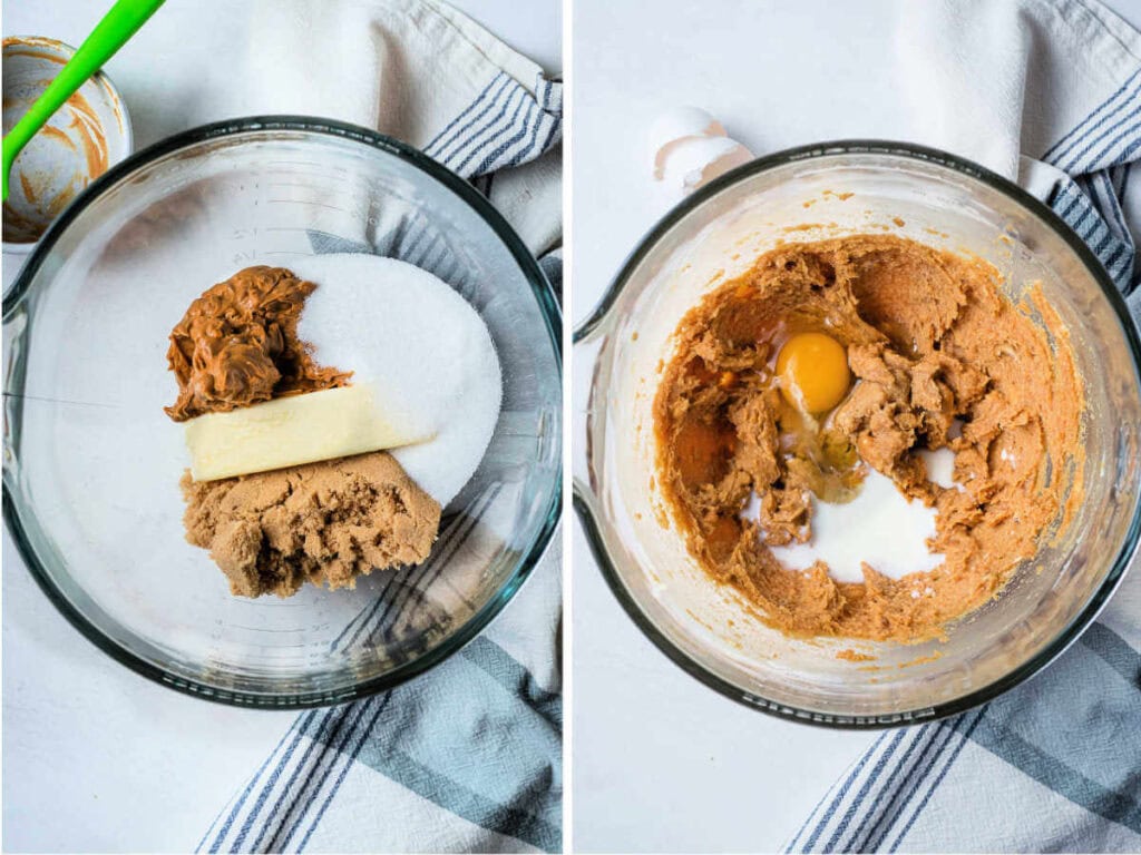 Creaming butter and sugars in a glass bowl for toffee cookies.