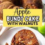 A slice of apple bundt cake on a white plate with a gold fork on a table with granny smith apples in the background.