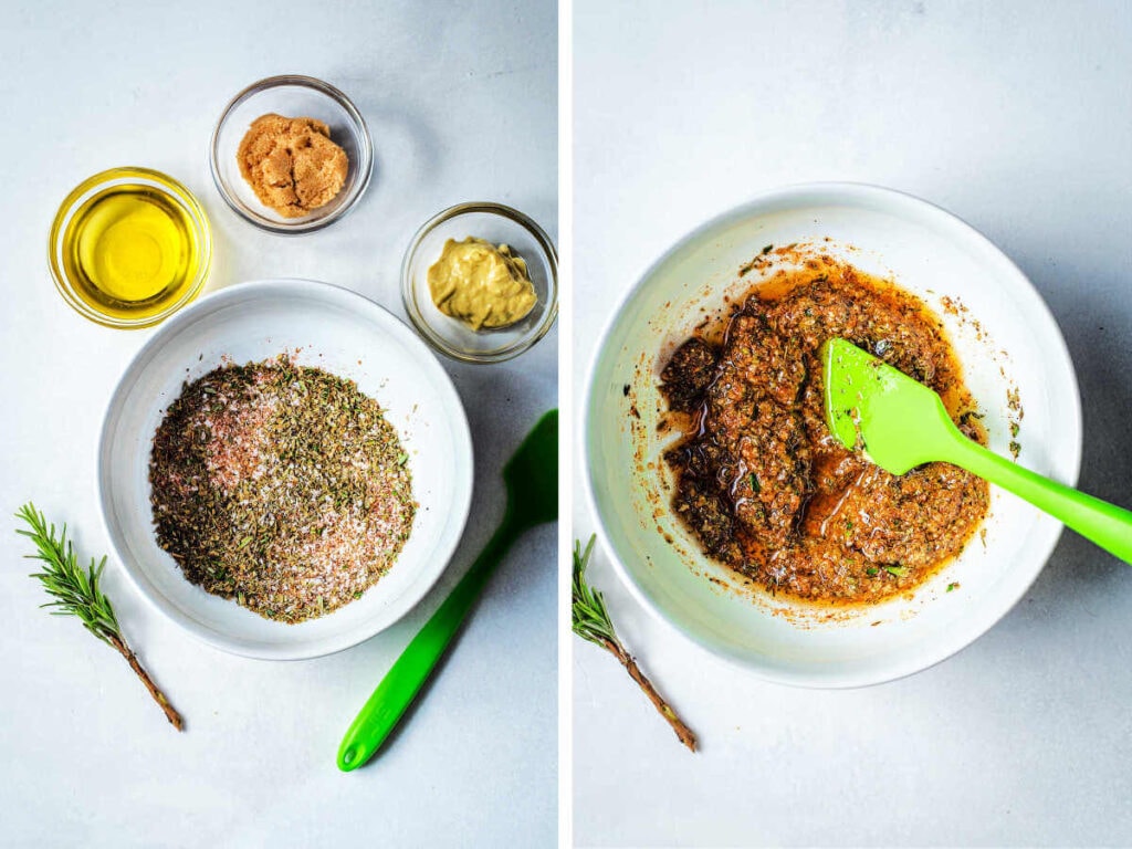 Combining marinade ingredients — olive oil and spices — for roast turkey in a small bowl.