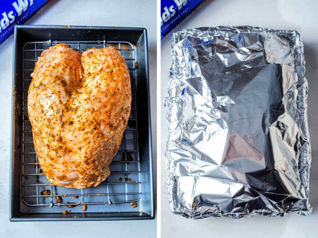 A whole turkey breast in a baking dish brushed with marinade and tented with aluminum foil.
