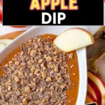 Caramel Apple Dip in a serving dish on a wooden board with apple slices scattered around on a table with extra apples and a linen napkin.