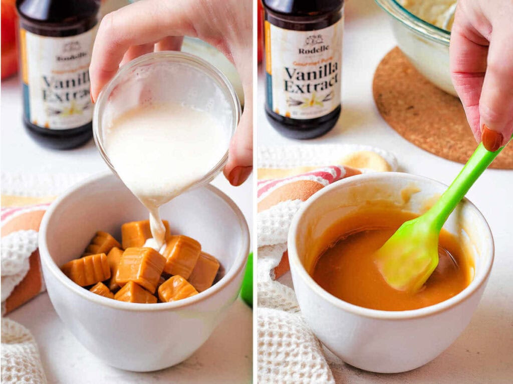 Stirring melted caramels and heavy cream in a bowl with a rubber spatula.