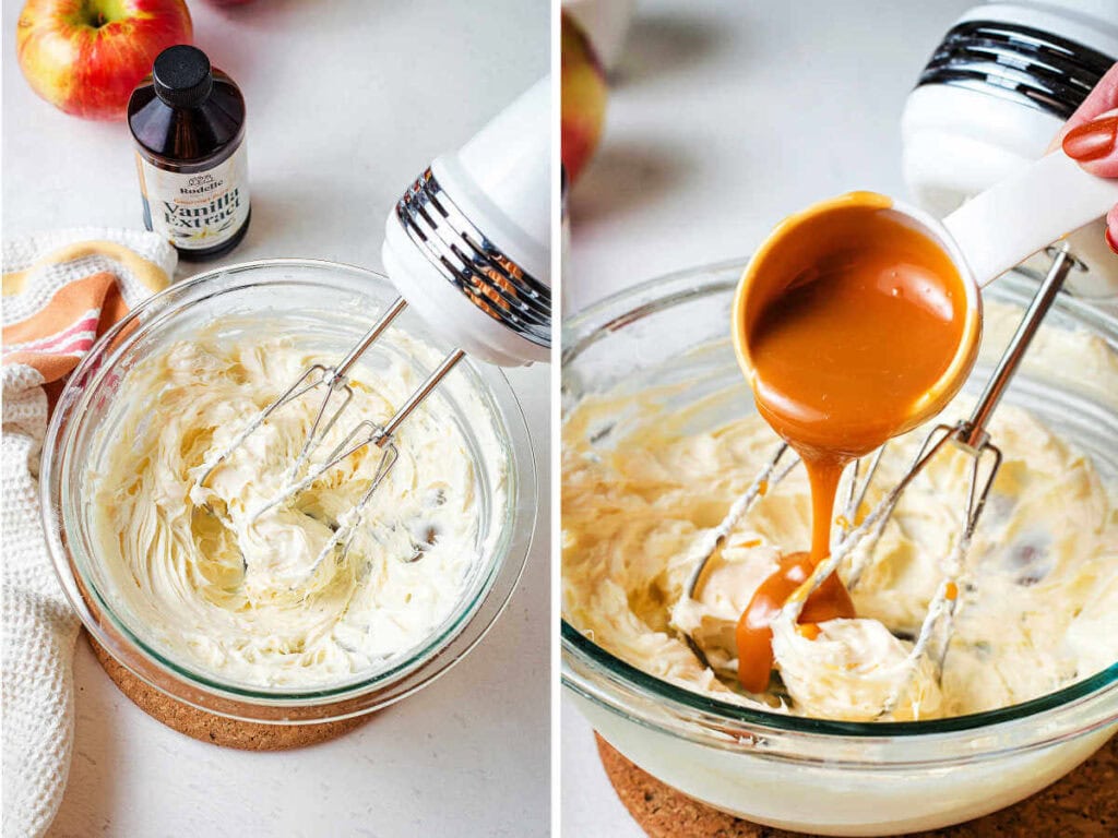 Whipping cream cheese in a glass bowl with an electric mixer; pouring melted caramel into the bowl with the cream cheese.