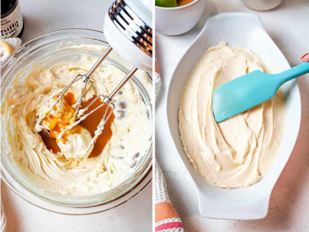 Spreading a layer of cream cheese mixture into a glass dish with a silicone spatula.