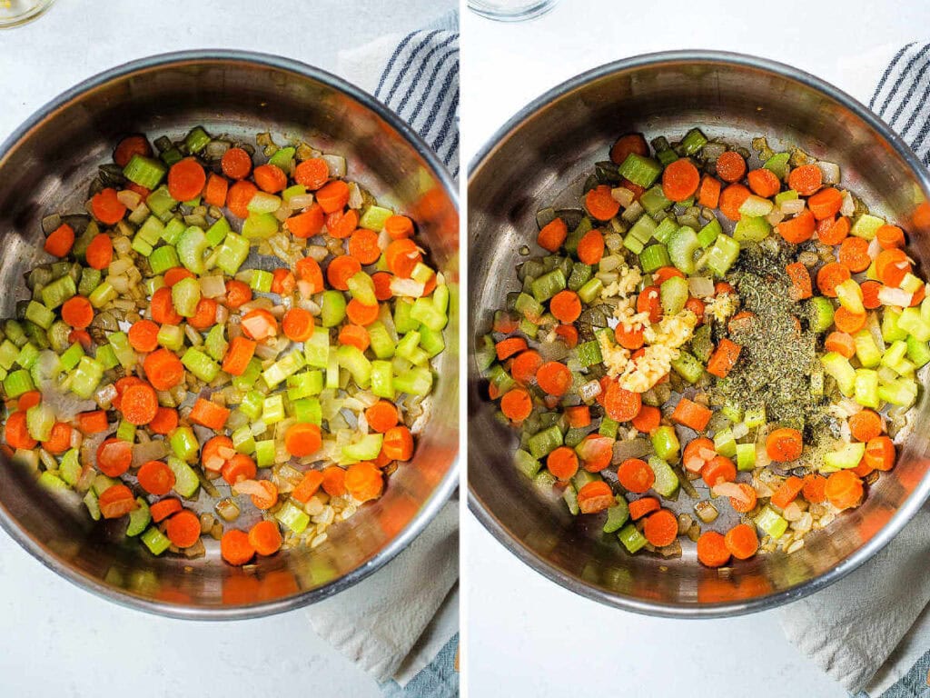 A soup pot with sauteed onion, celery, and carrots sprinkled with spices — the first step of making soup.