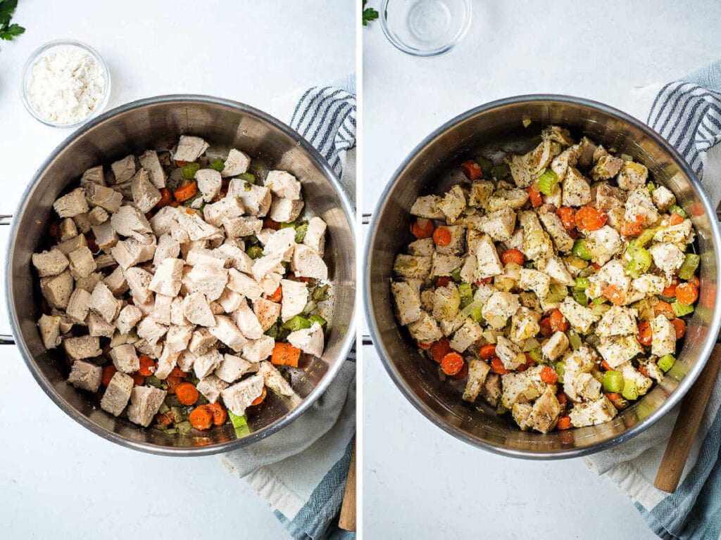 Diced cooked chicken added to a pot of sauteed vegetables.