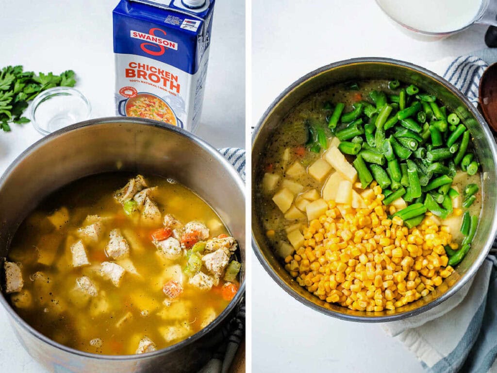 Pouring chicken broth into a pot of chicken and sauteed vegetables; then, adding frozen corn and green beans and potatoes to the pot.