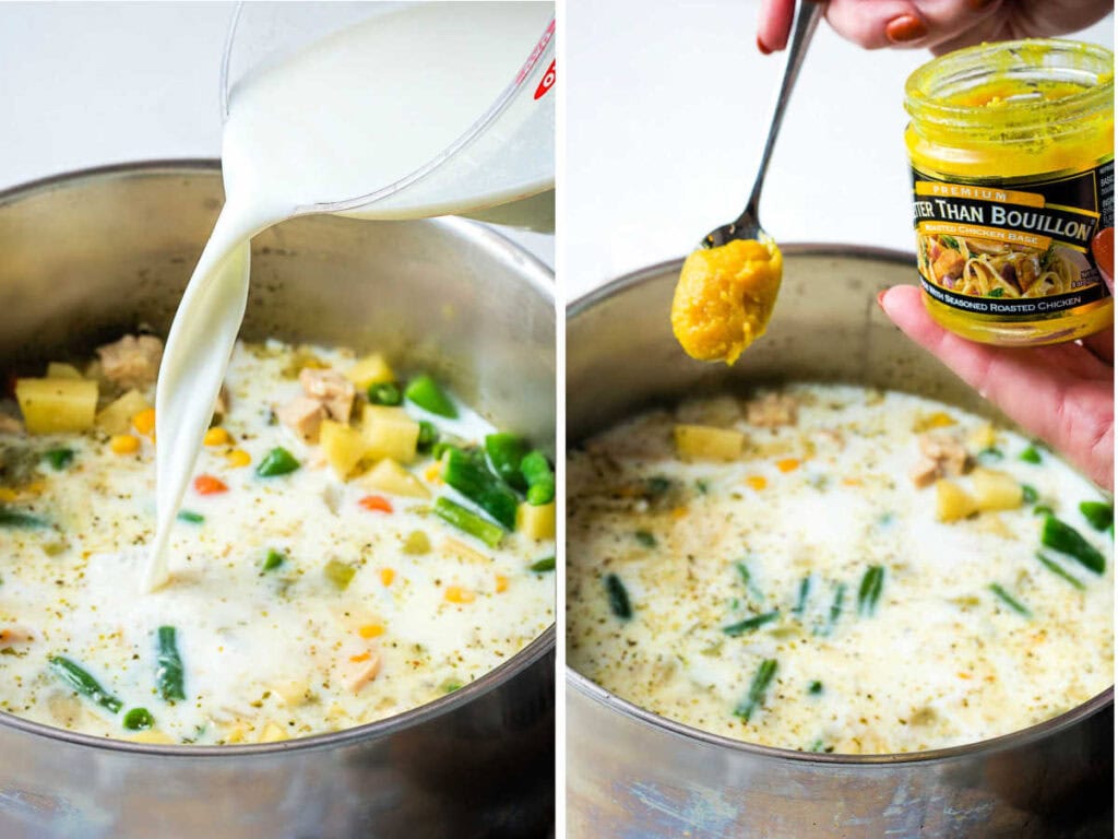 Pouring milk and adding a spoonful of chicken bouillon to a pot of soup.