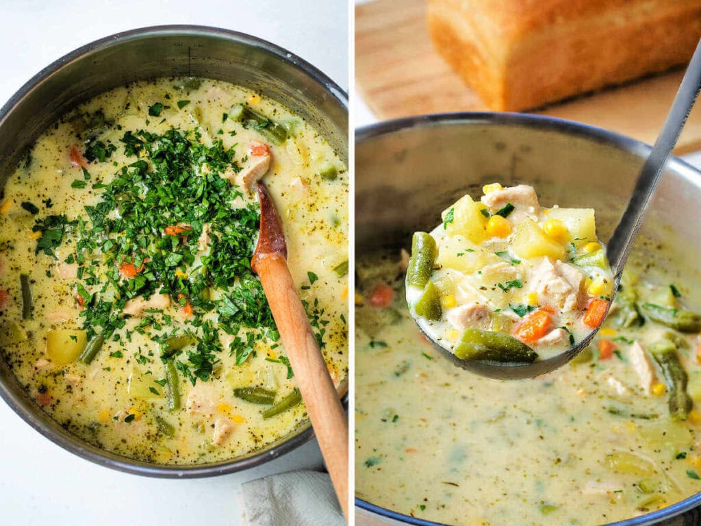 Stirring parsley into a pot of chicken vegetable soup.