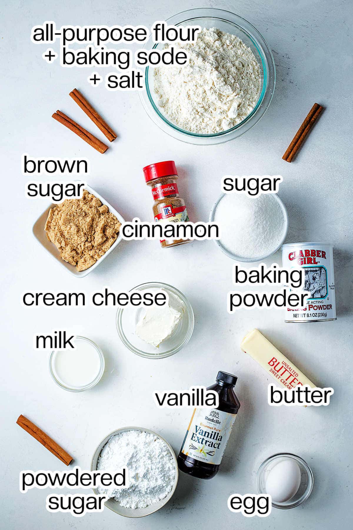 Ingredients for cinnamon roll cookies on a table.