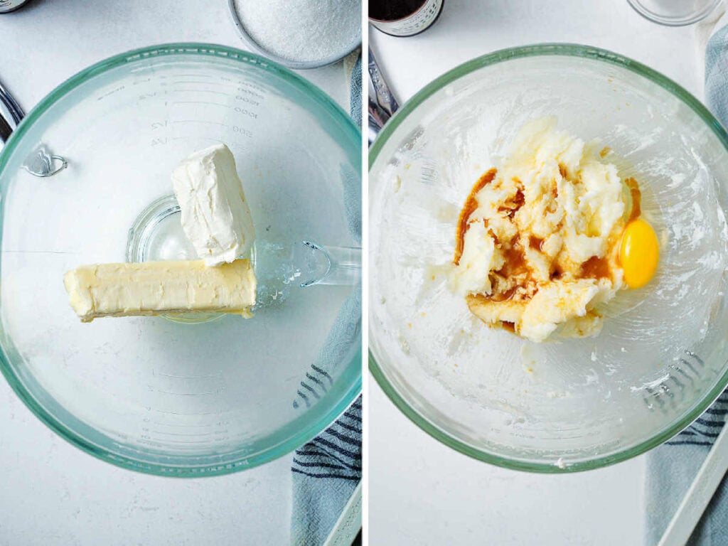 Creaming butter and cream cheese together in a glass bowl for cookies.