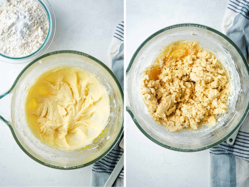 Cookie dough in a glass bowl after adding flour to the butter cream cheese mixture for cookies.