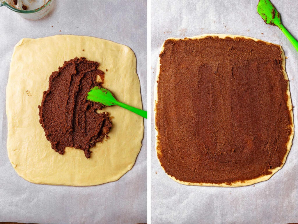 Spreading brown sugar cinnamon mixture on top of cookie dough with a silicone spatula.