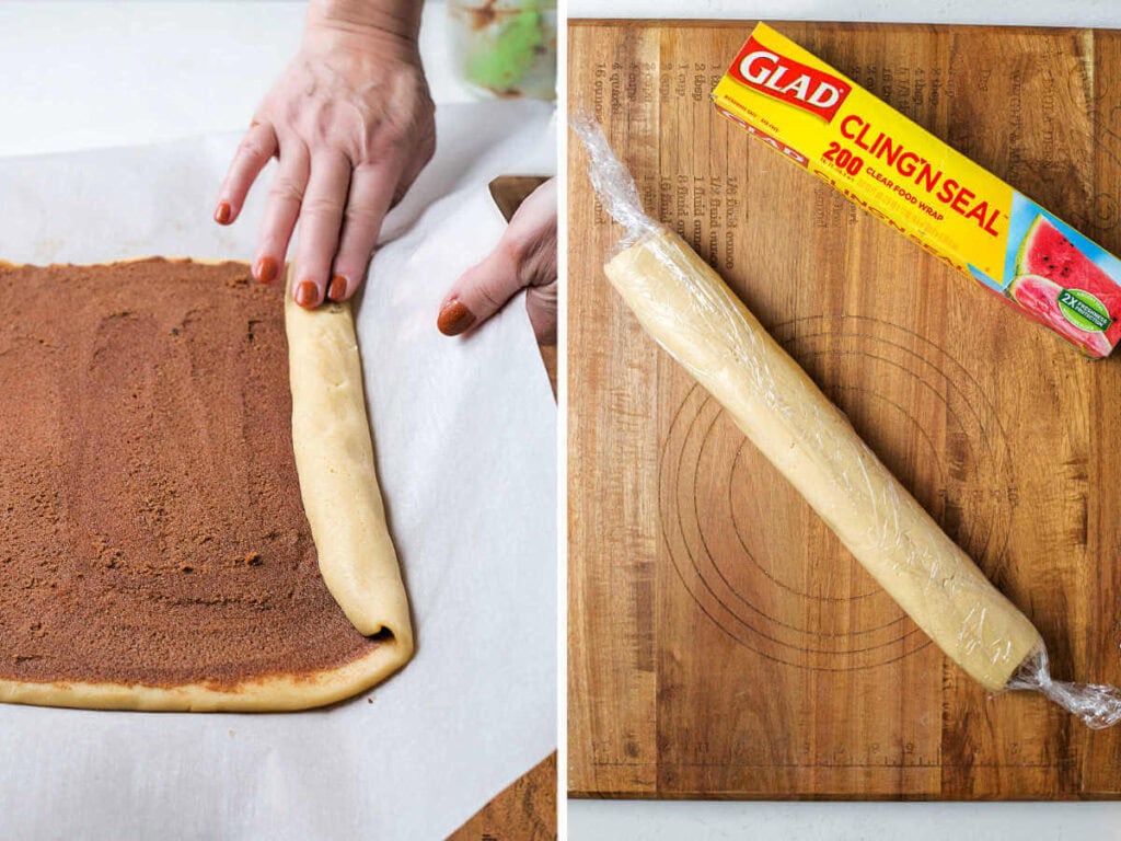 Rolling cookie dough up jelly-roll style using parchment paper as a guide; cookie dough wrapped in plastic wrap ready to chill in the refrigerator.