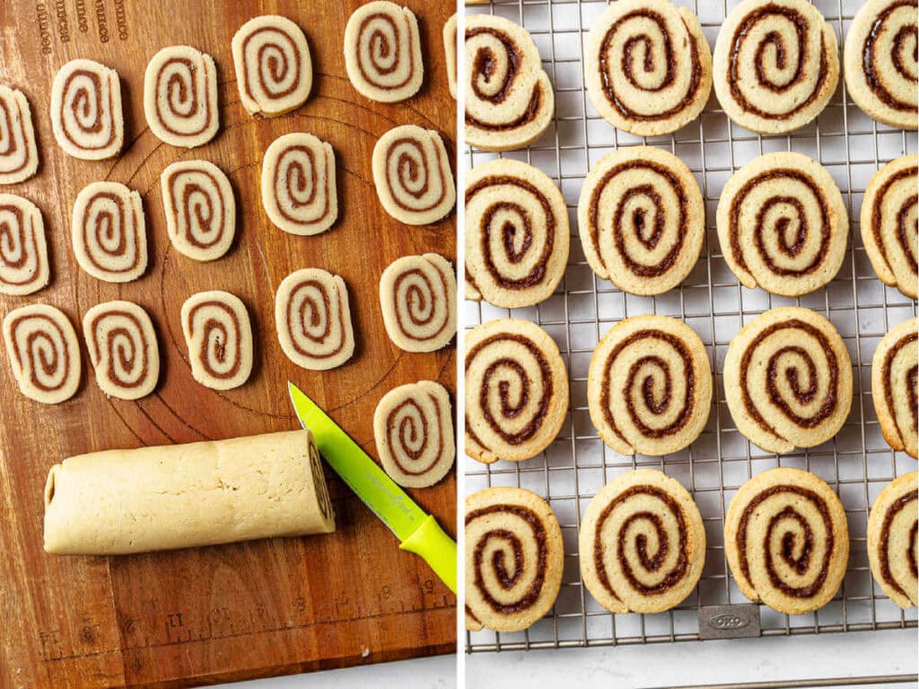 Slicing rolled cookie dough to bake; baked cinnamon roll cookies on a wire rack to cool.