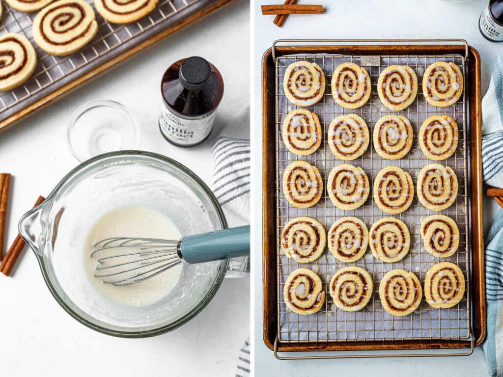 Whisking powdered sugar and milk in a bowl to make a glaze; cookies drizzled with glaze on a wire rack.