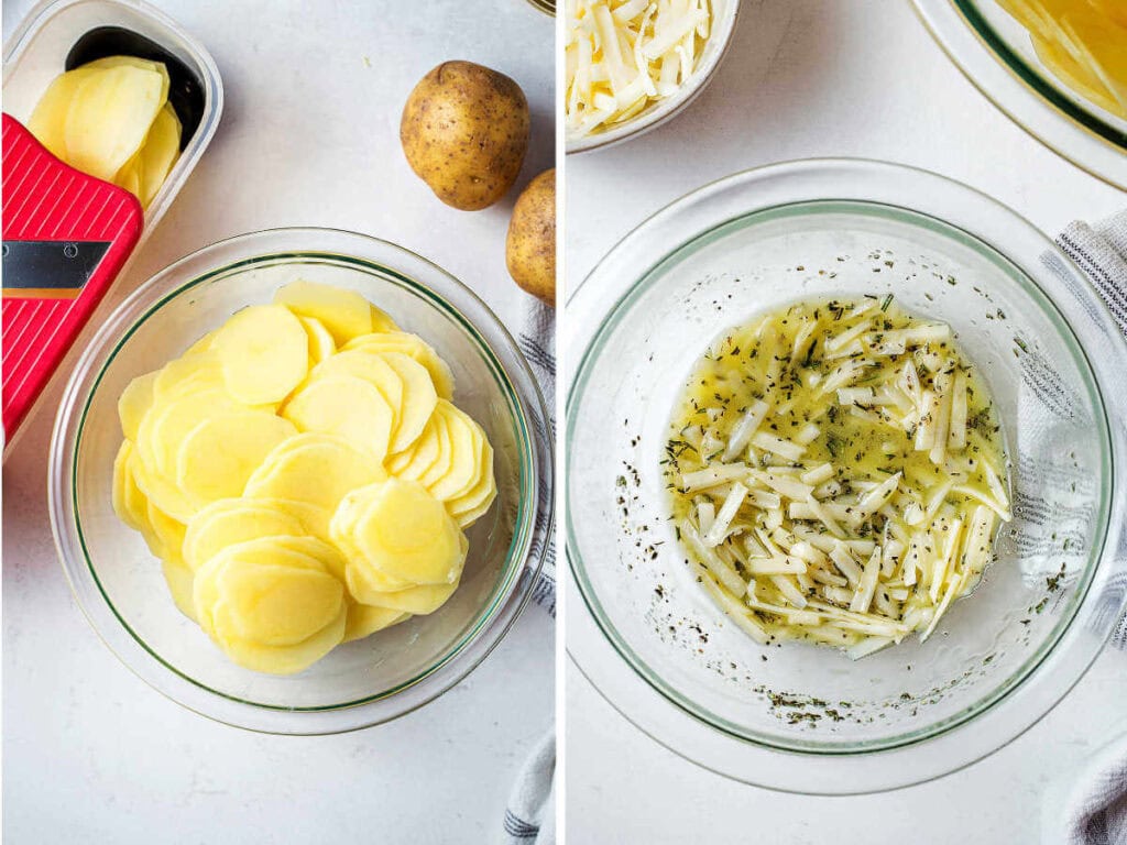 Thinly sliced potatoes in a bowl with seasonings.