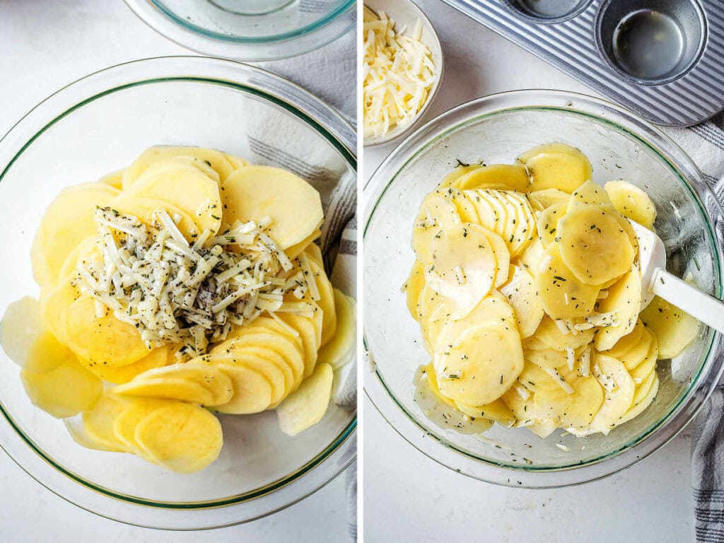 Tossing sliced potatoes with olive oil and spices for potato stacks.