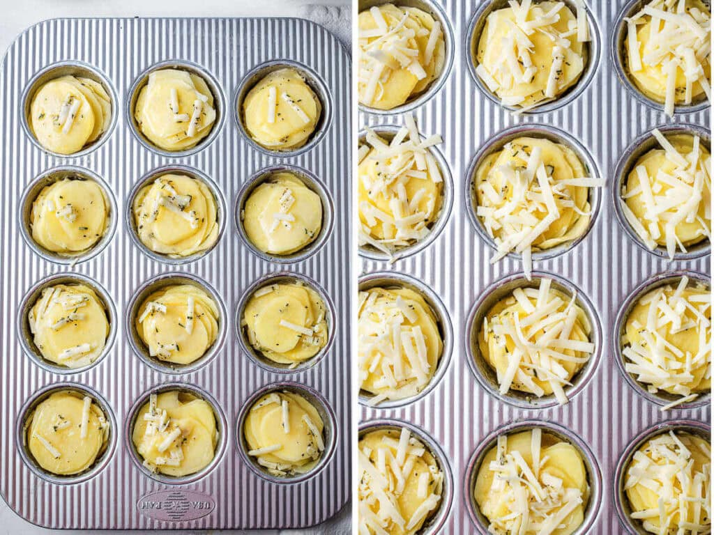 slices of potatoes stacked into a muffin tin with cheese on top ready for the oven..