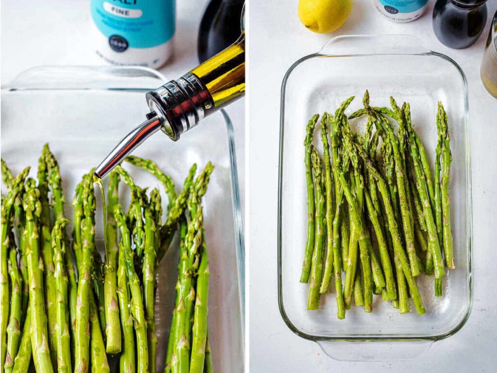 Asparagus in a shallow dish drizzled with olive oil, salt, and pepper on top