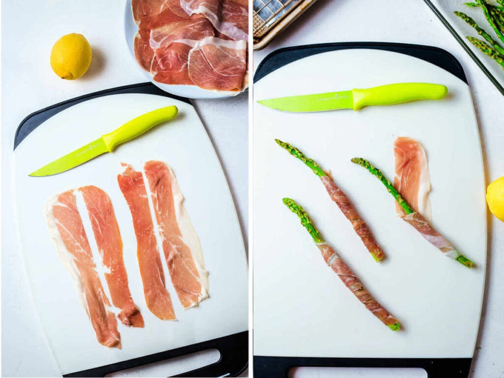 Sliced of prosciutto on a cutting board with a knife; asparagus spears wrapped in pieces of prosciutto on a cutting board.