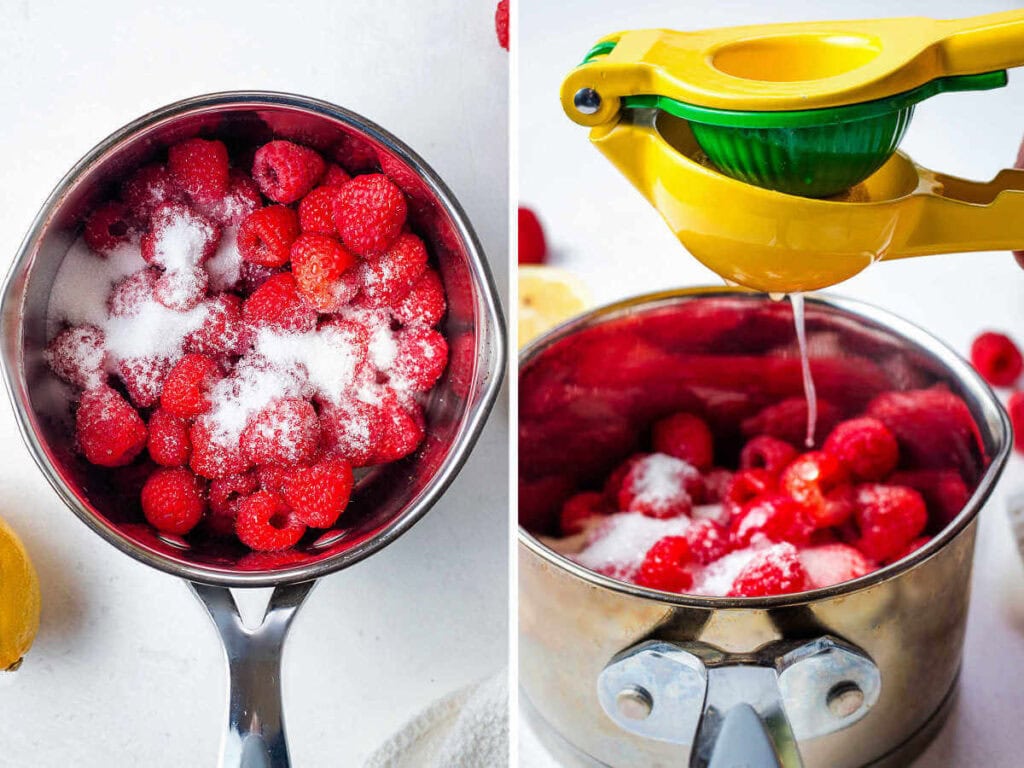 A saucepan with fresh raspberries, sugar, and lemon juice sitting on a table.