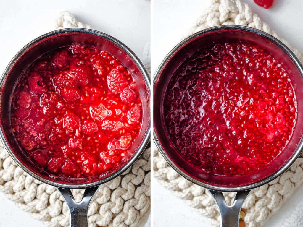 A before and after shot of raspberry coulis after simmering on the stove.