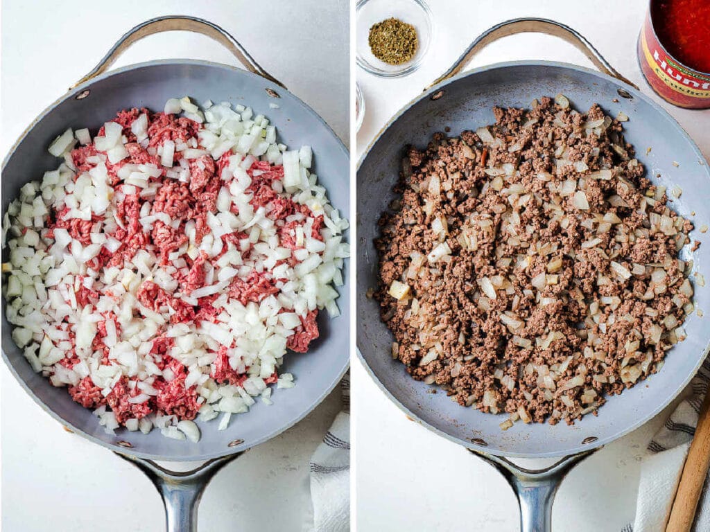 Ground beef and onions cooked together in a skillet.