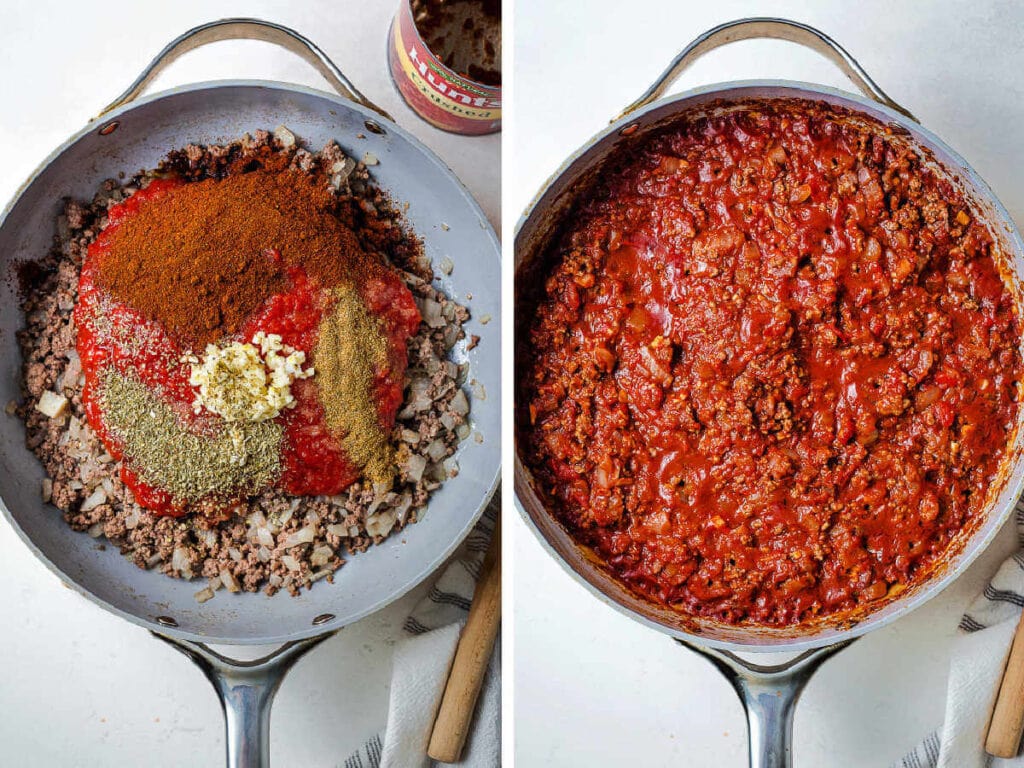 Crushed tomatoes and spices added to a skillet with cooked ground beef and onions.