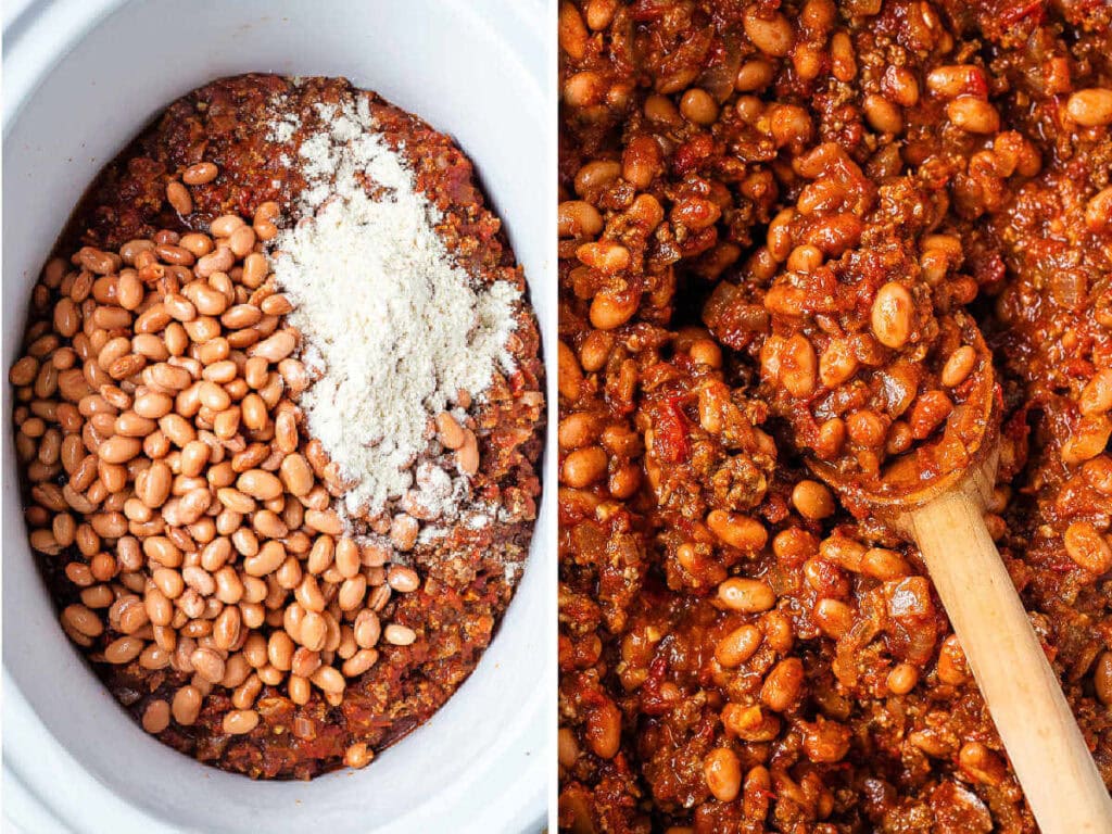 Chili mixture with pinto beans and masa stirred together in a slow cooker.