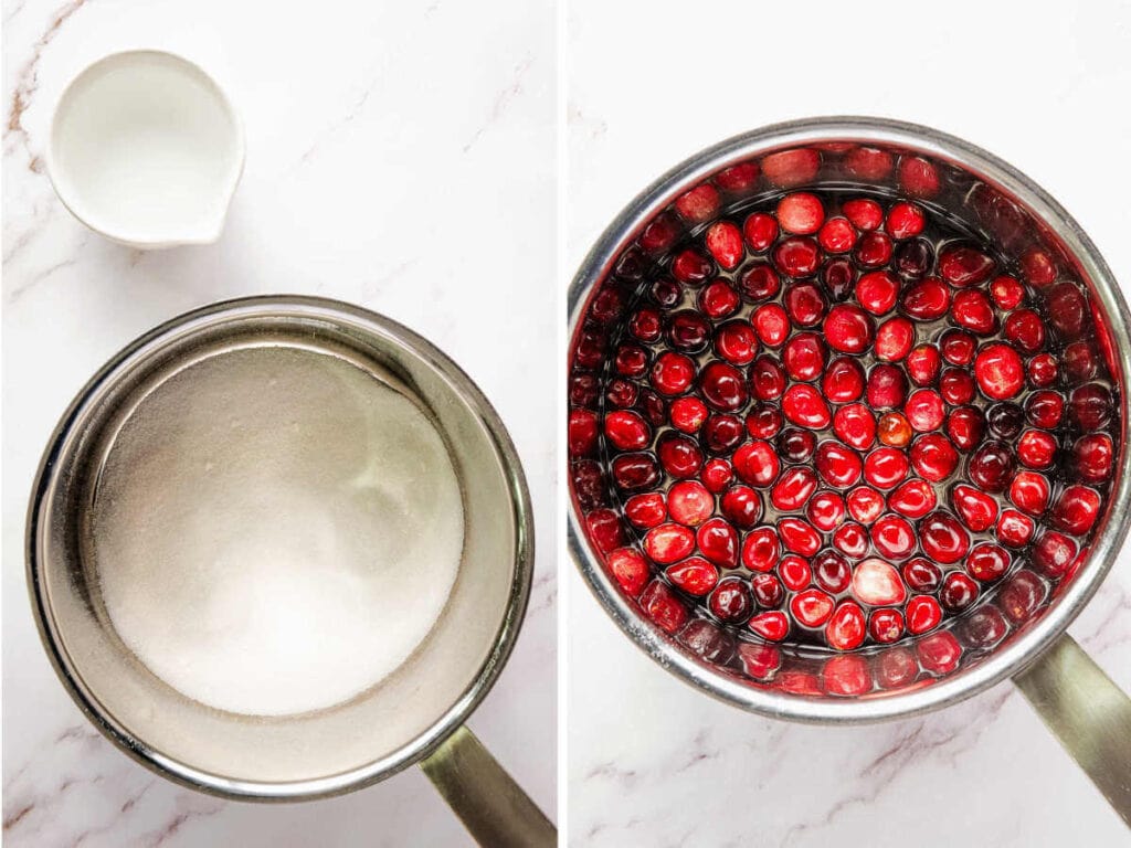 Dissolving water and sugar in a pan to make simple syrup for candied cranberries; soaking cranberries in simple syrup.