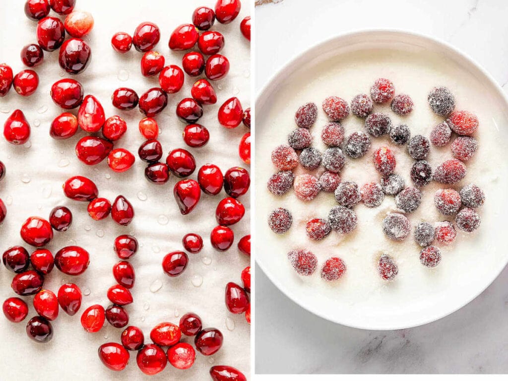 Cranberries drying on parchment paper; cranberries dusted with sugar in a shallow bowl.