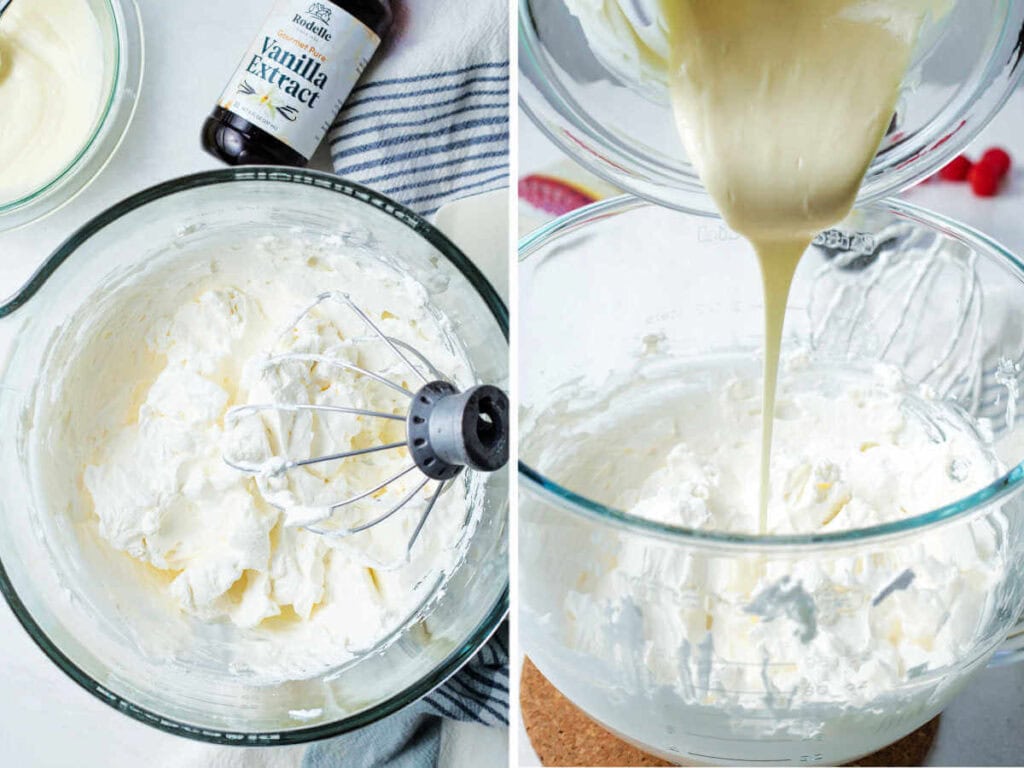 Whipping cream with a beater in a glass bowl on a table; pouring meltd chocolate into a bowl with whipped cream.