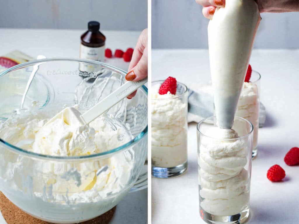 Using a rubber spatula to fold ingredients together in a bowl on a table; piping white chocolate mousse into a serving glass.