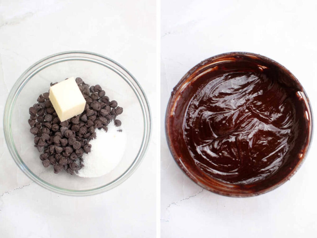 Chocolate chips, sugar, butter, and heavy cream in a bowl; then, melted into ganache.