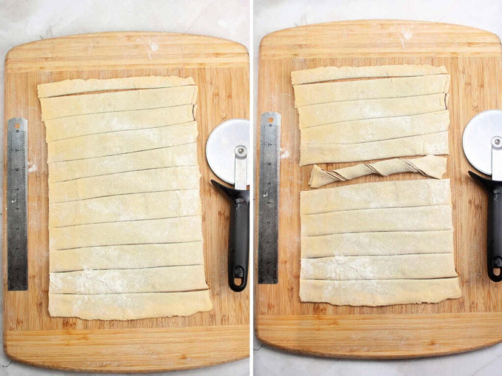 Puff pastry dough sheets with a layer of chocolate in between, cut into long strips and twisted.