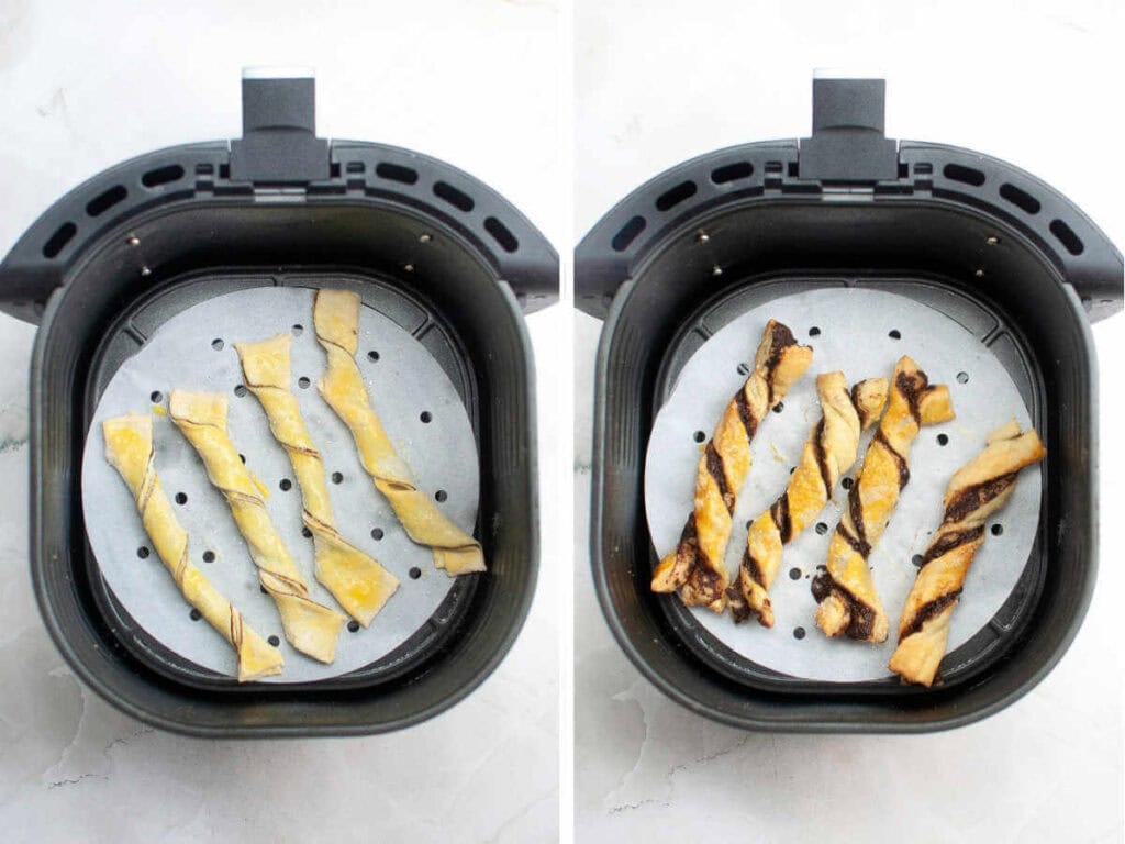 Chocolate twists in an air fryer basket before and after cooking.