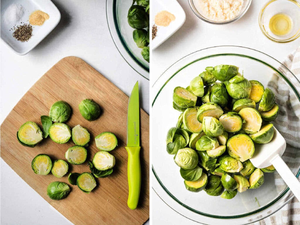 Slicing Brussels sprouts in half on a cutting board; Brussels in a glass bowl on a table.